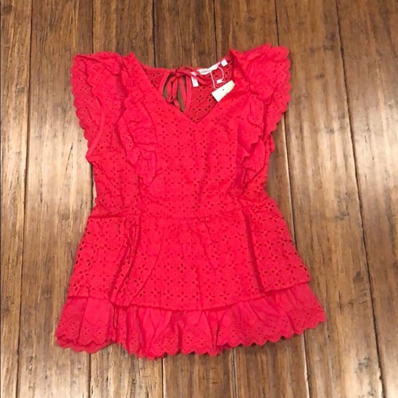 Ruffled Eyelet Top Red V Neck Blouse - Picture 6 of 6